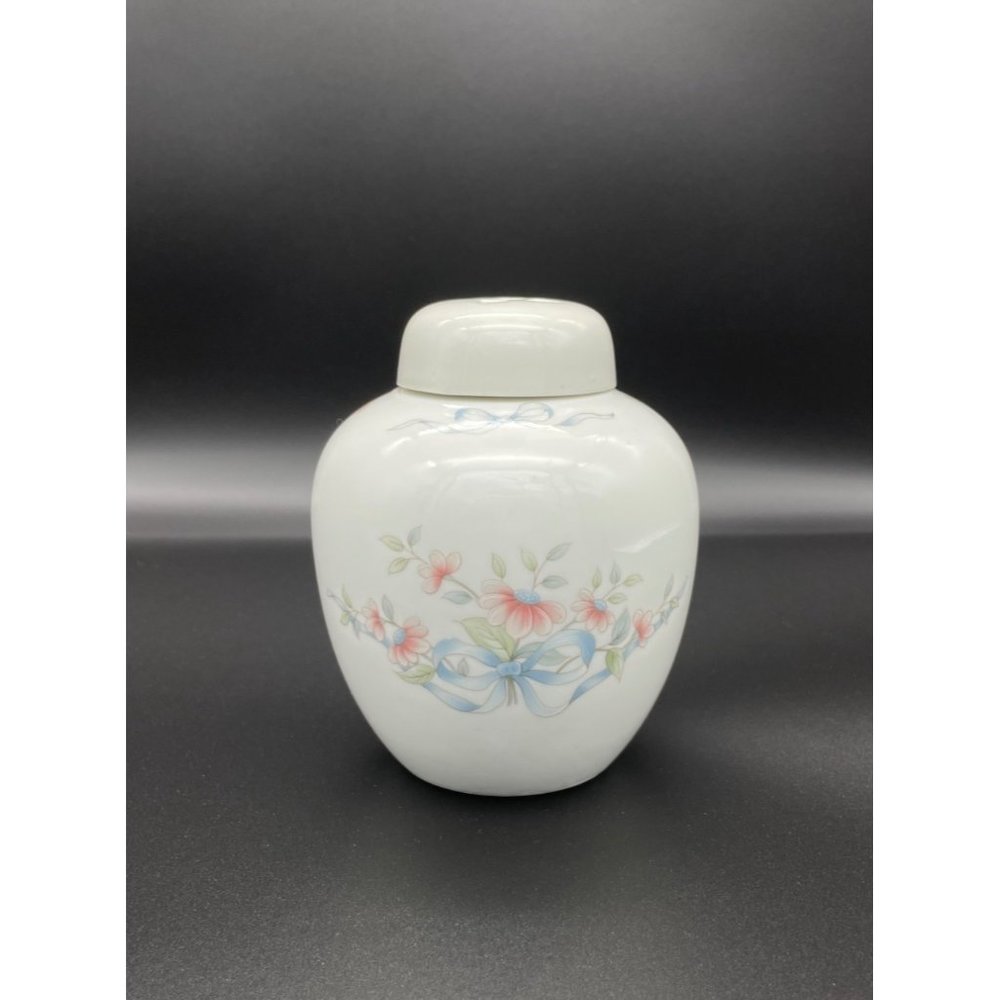 Potpourri Jar Ginger Princess House Exclusive Floral Pink Daisies Blue Bows Vint